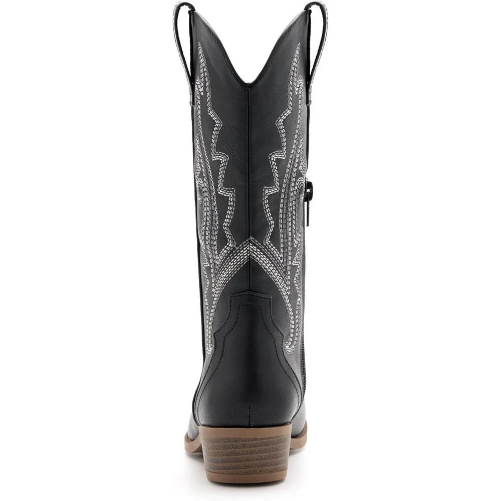 ⚡Girls Black Kids Western Boots Embroidered Cowgirl Boots Riding Shoes Mid Calf